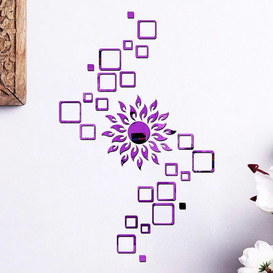 Bikri Kendra Glass Art Bk116, Sun Purple With Square Purple 4 Set - 3D Acrylic Mirror Stickers For Wall-Self-Adhesive