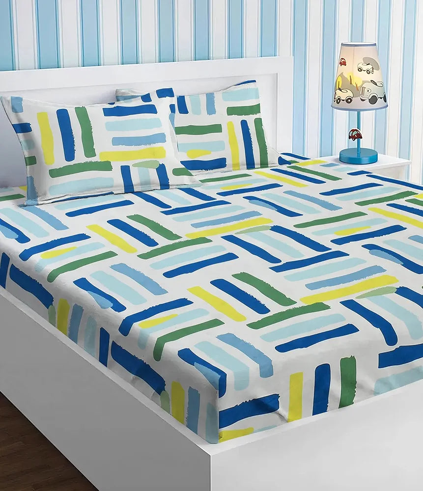 HOMEKART Premium Cotton Elastic Fitted Bedsheets with 2 King Size Pillow Covers Double Bed with All Around Elastic Supersoft Size - 72 x 78 +10 inches Stick Print White Green 200 tc - 220 tc