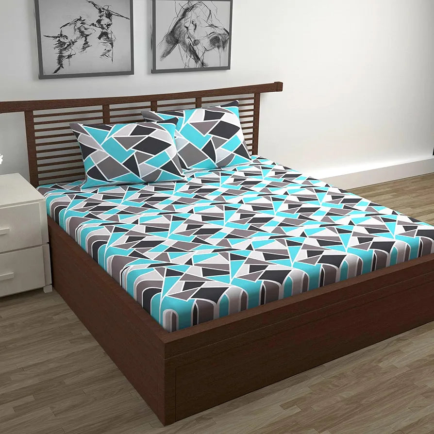 Divine Casa Double Size Bedsheet for Double Bed, 144 TC Pure Cotton Queen Size with 2 Pillow Covers | 222 by 254 cm | Geometric | Aqua Grey