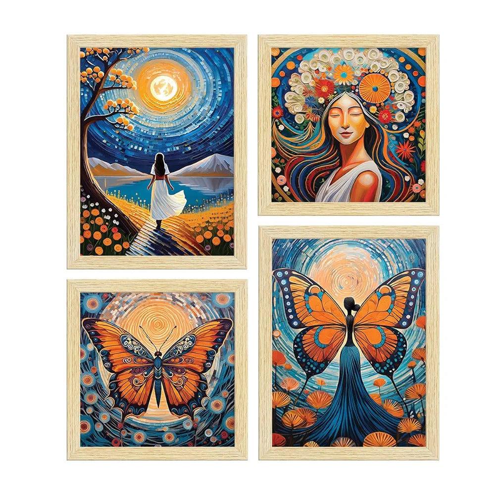 ArtX Paper Women Self Love Butterfly Art Paintings with Frame for Home Decor, Bohemian Wall Paintings for Living Room, Multicolor, Natural Wood Color Frames, Set of 4