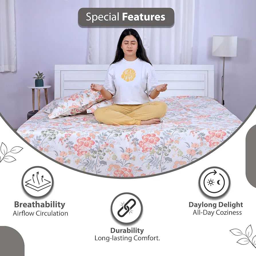 Divine Casa Double Size Bedsheet for Double Bed, 144 TC Pure Cotton Queen Size with 2 Pillow Covers | 222 by 254 cm | Floral | Peach Blush