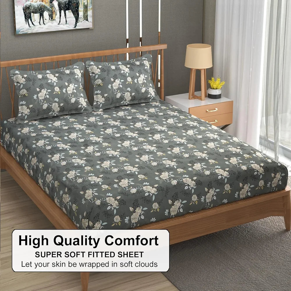 FRESH FROM LOOM King Size Microfiber Fitted Bedsheet Set with Floral Print - 240 TC, Anti Fade, 2 Pillow Covers  | Rose-Oslo-Grey)