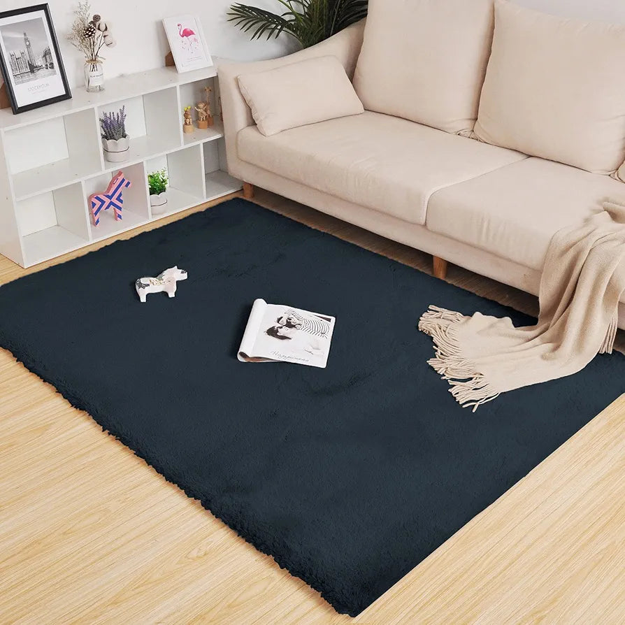 LUXE HOME INTERNATIONAL Ruffle Floor Rug Rabbit Fur 1000 Gsm Living Room Foot Mats Anti Skid Water Absorbent Easy Machine Washable Rectangular Rug For Bedroom|Floor|4 X 6 Ft|Anthra|Pack Of 1