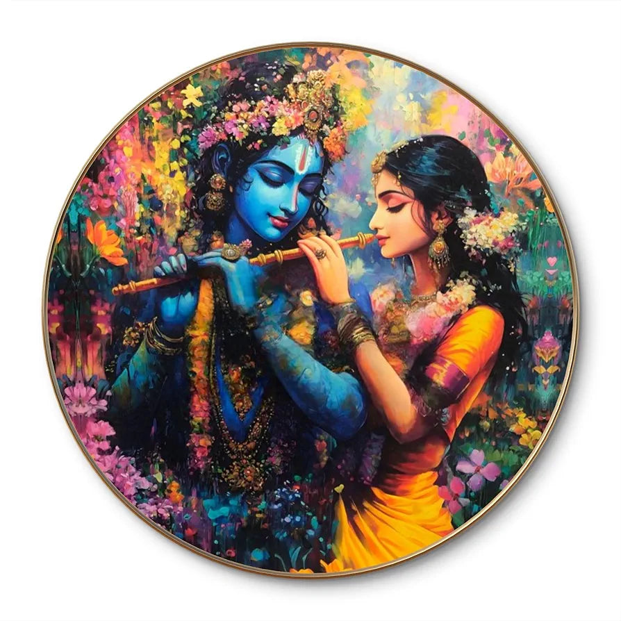 Livin'luxe paintings Radha Krishna Divine Love Wall Painting with Frame - Sparkle Glossy Round Golden Framed Large Painting for Office, Living Room, Bedroom, Home Wall Decoration