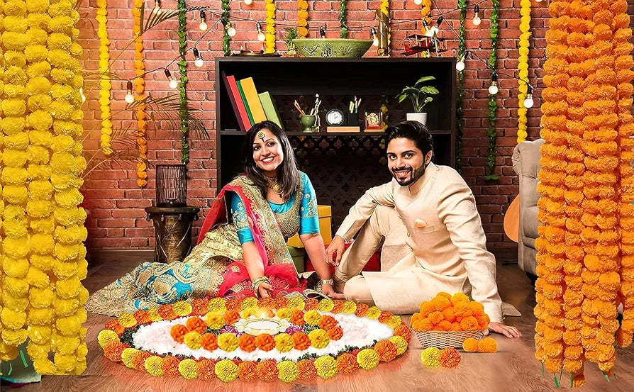 HOME BUY Artificial Marigold Flowers For Decoration Garland With Bell For Diwali & Festivals | 5 Feet Long 5 Pcs With 1 Diya , 5 Centimeters