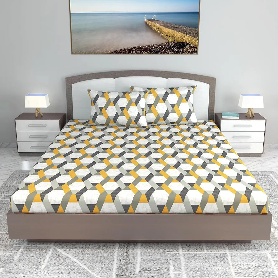 Divine Casa 144 TC Abstract Print Cotton Bedsheets for King Size Bed with 2 Pillow Covers 