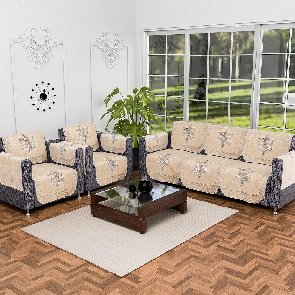 Kuber Industries Set of 16 Anti-Skid Sofa Cover 5-Seater with Arm Cover | Comfortable Slipcover Sofa Cloth & Furniture Protector for Home Decor | Star Print - Cream & Brown