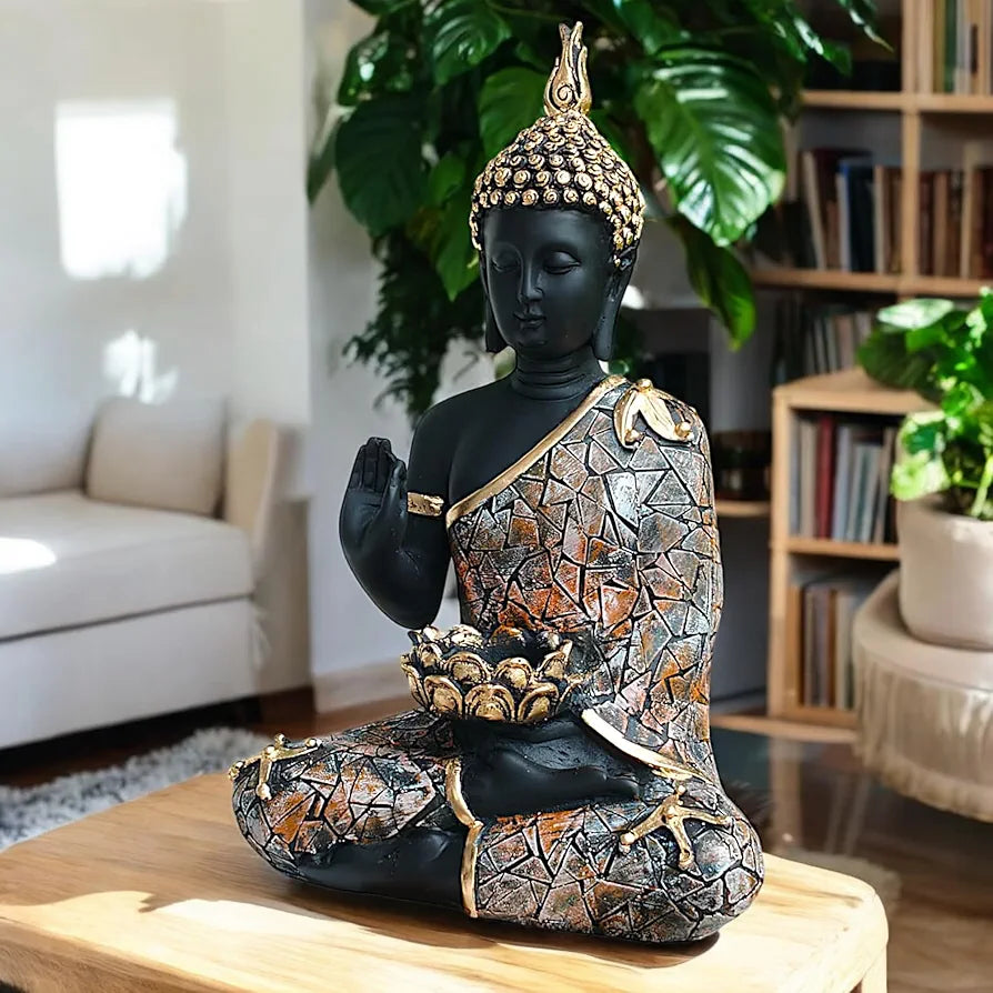 NEELAYA Meditating Buddha Tealight Holder Polyresin Statue for Home Decor Living Room Office Table Vastu Spiritual Gift Housewarming 28 cm Black Brown