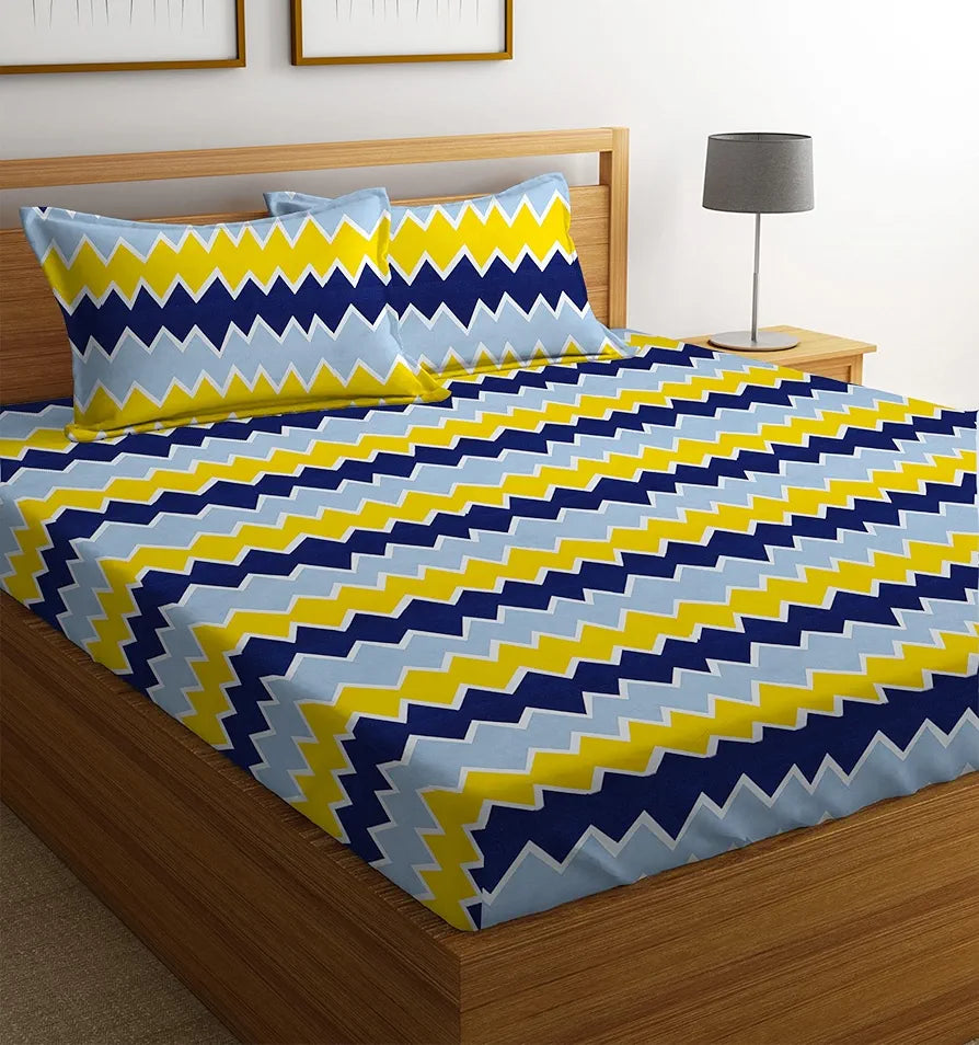 HOMEKART 100% Microfiber bedsheet for Double Bed with 2 Pillow Covers Breathable | Wrinklefree and Soft Touch 144 TC Pattren Zigzag Yellow and Grey| TC - 144