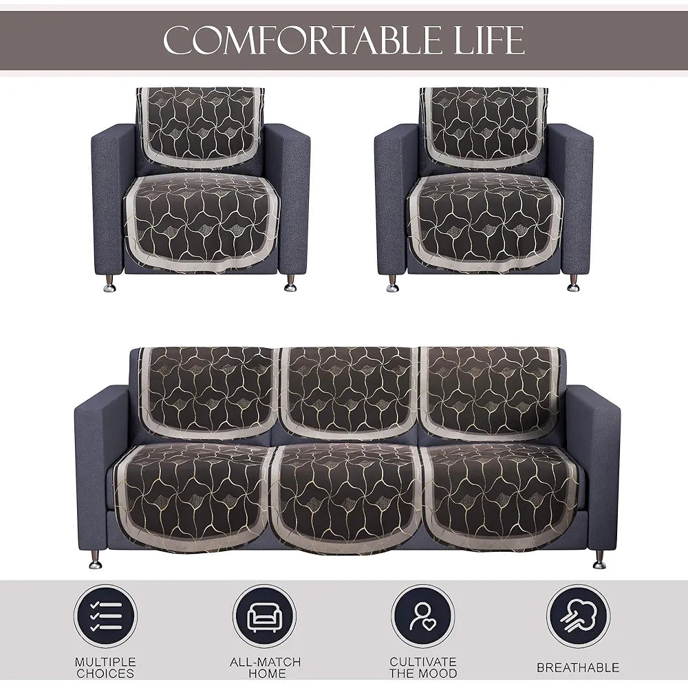 Kuber Industries Set of 10 Anti-Skid Sofa Cover 5-Seater | Comfortable Slipcover Sofa Cloth & Furniture Protector for Home Decor | Arabica Look - Brown & Golden Foil
