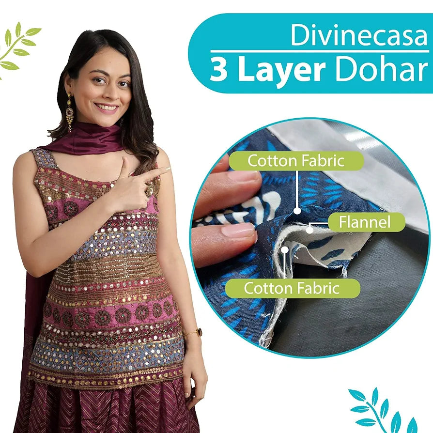 Divine Casa Floret 100% Cotton Double Dohar | 120 GSM | Soft & Lightweight Throw Blanket | Reversible Design | Cozy & Breathable Bedding | All-Season Comfort | 220 x 205 CM, Aqua