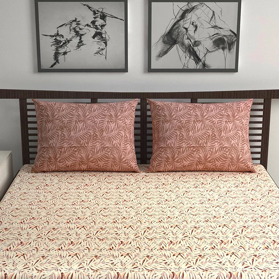 Divine Casa 144 TC 100% Cotton Double Bedsheet with 2 Pillow Covers | Soft, Durable & Skin-Friendly Fabric for All-Season Use | 254 x 222 CM | Tropical Leaf | Cream Brown | Bedroom Decor Upgrade