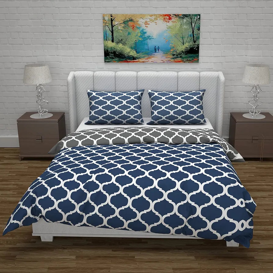 Divine Casa Micro Polyester Reversible Double Bed Queen Size Abstract Printed Duvet Cover, Dark Blue & Grey