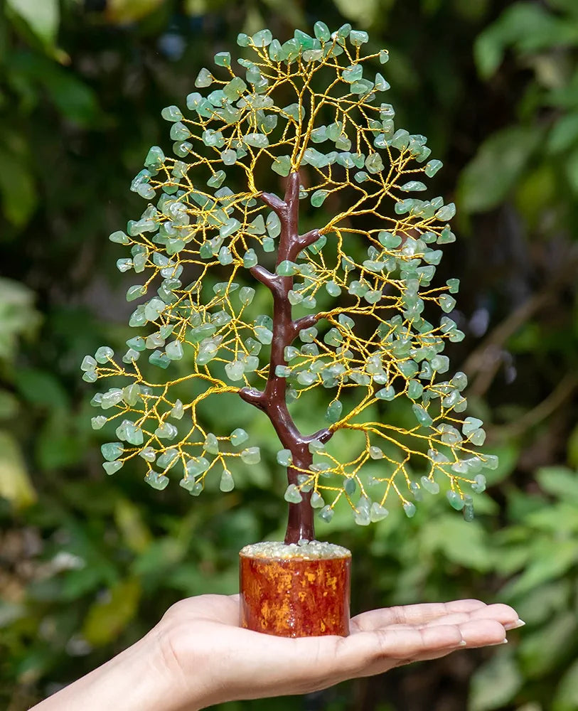 HindCraft Green Jade Crystal Tree Good Luck Showpiece for Home Decor Items Crystals Gemstones Bonsai Money Tree for Good Luck, Decoration Gift Item, Golden Wire, 10-12 inch