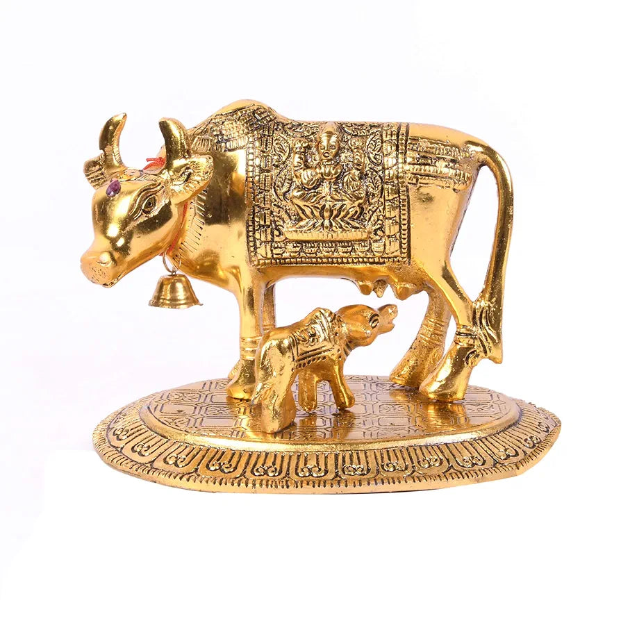 JAIPUR ACE Kamdhenu Cow with Calf Statue, Standard Size, Golden   