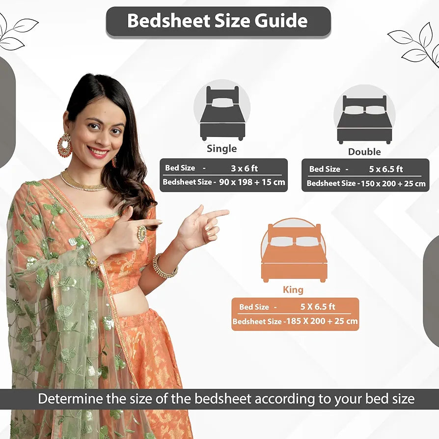 Divine Casa 144 TC 100% Cotton Floral Green Breathable Bedsheet King Size Bed Cotton Elastic Fitted - 78 x 72 inches