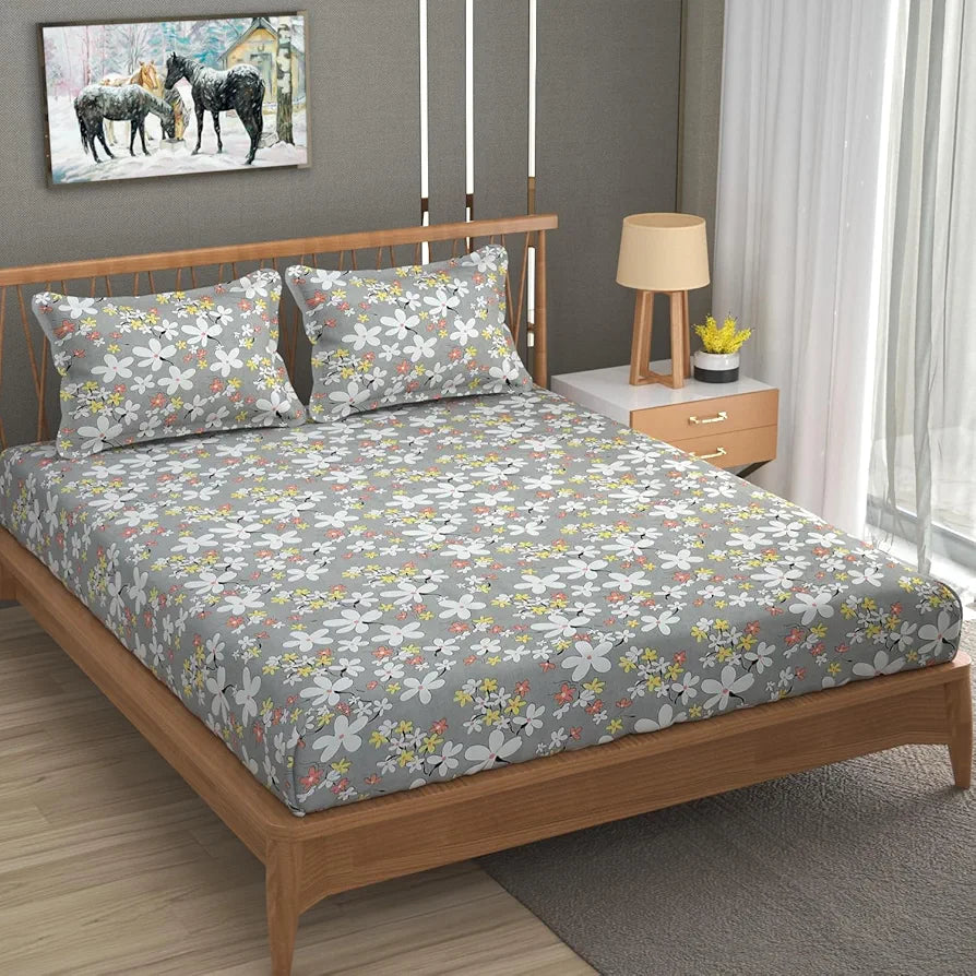 Homefab India 180 TC Microfiber Double BedSheet with 2 Pillow Covers -  - Light Grey, Floral