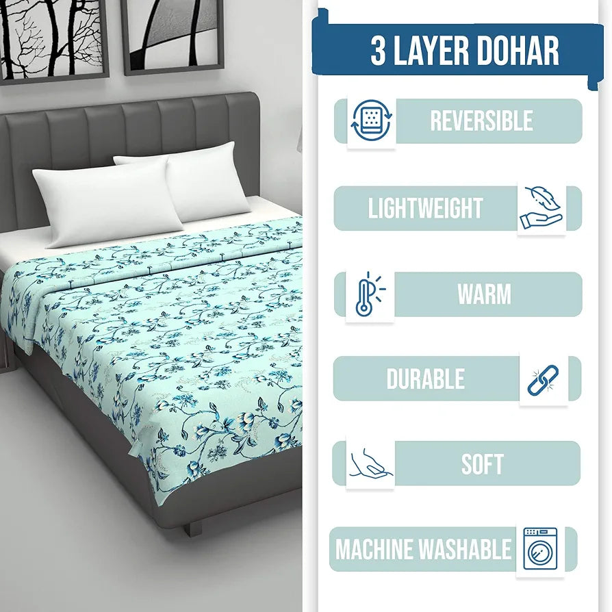 Divine Casa Floret 100% Cotton Double Dohar | 120 GSM | Soft & Lightweight Throw Blanket | Reversible Design | Cozy & Breathable Bedding | All-Season Comfort | 220 x 205 CM, Winter Fern