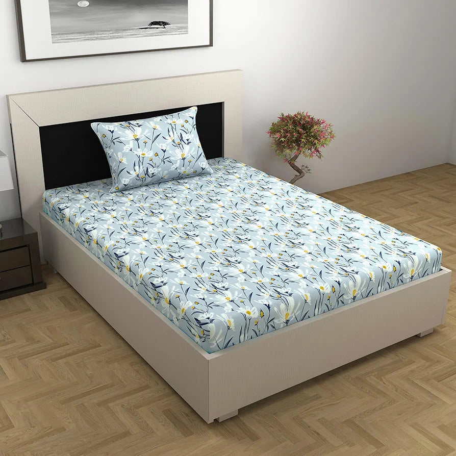 Divine Casa 100% Cotton Bedsheet for Single Bed, 144 TC Bedsheet Single Size Bed Cotton with 1 Pillow Cover 