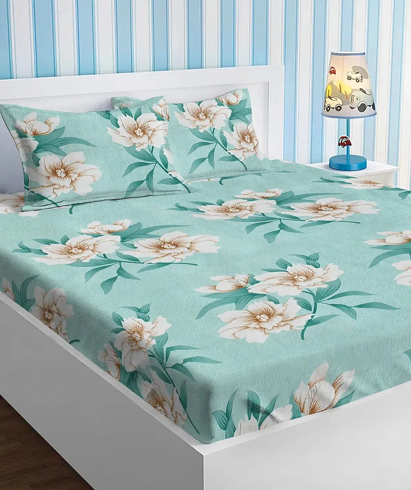 Premium Cotton Elastic Fitted Bedsheets with 2 King Size Pillow Covers Double Bed with All Around Elastic Supersoft Size - 72 x 78 +10 inches Flower Print Light Green 200 tc - 220 tc