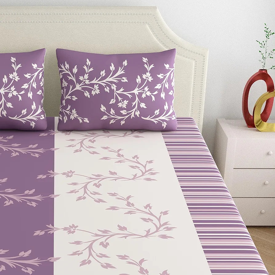 Dreamscape 140 TC 100% Cotton Double Bedsheet for Double Bed, 1 Bed Sheet  with 2 Pillow Covers, Purple