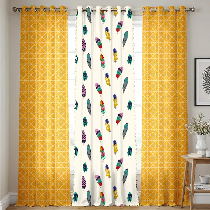 Urban Space 100% Cotton Curtains for Door, Combo Set of 3 Curtains 7 feet Long, 60-65% Room Darkening Curtain, Tieback & Eyelets Included with Curtains for Home Decor 
