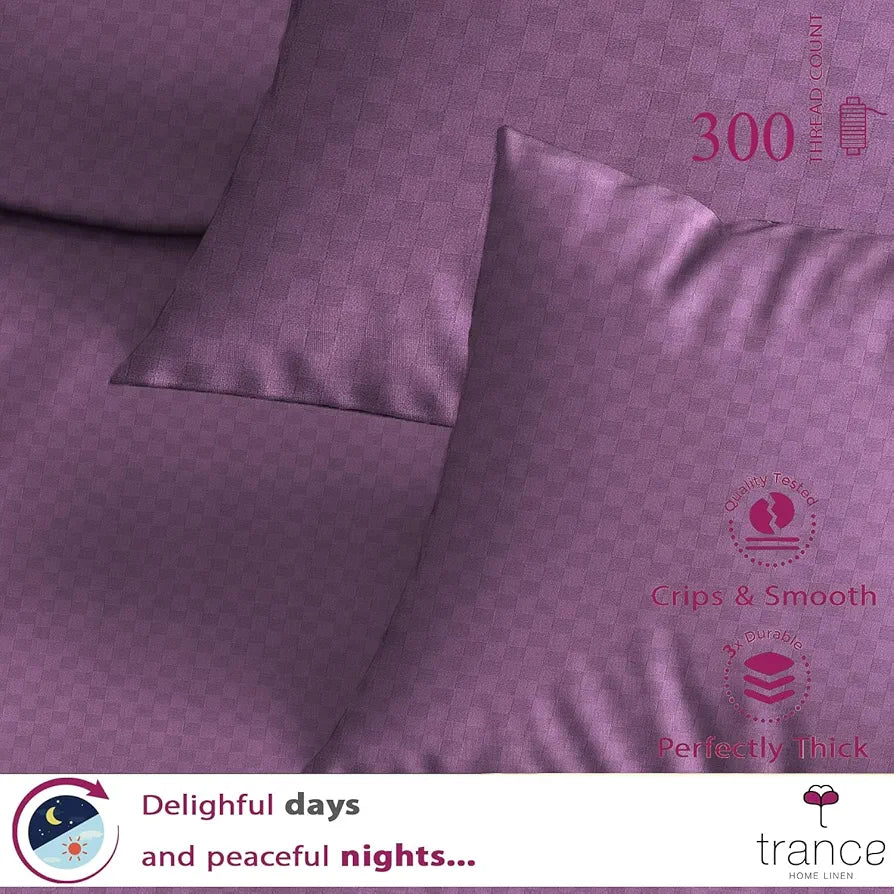 Trance Home Linen 300TC Jacquard Weave Fitted Bedsheet for King Size Bed with 2 Pillow Cover - Skin Friendly, Premium 100% Cotton 