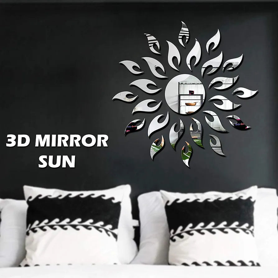 Bikri Kendra Ind - Sun with 12 Hexagon Rings Silver Mirror Stickers for Wall, Acrylic Sticker for Wall