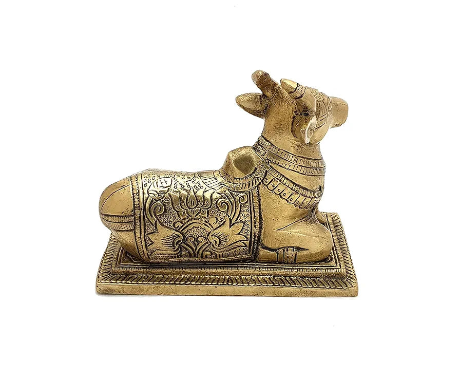 Two Moustaches Lotus Engraved 5 Inches Brass Nandi Cow Over Base, Brass Nandi Idol, Statue for Home/Temple, Nandi Bull Statue, Standard, Pack of 1