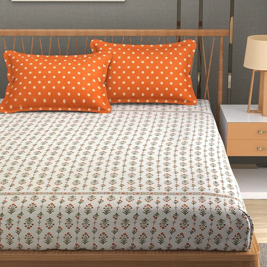 Homefab India 210 TC Glace Cotton King Size BedSheet with 2 Pillow Covers - 108x92 inches - Floral, Orange