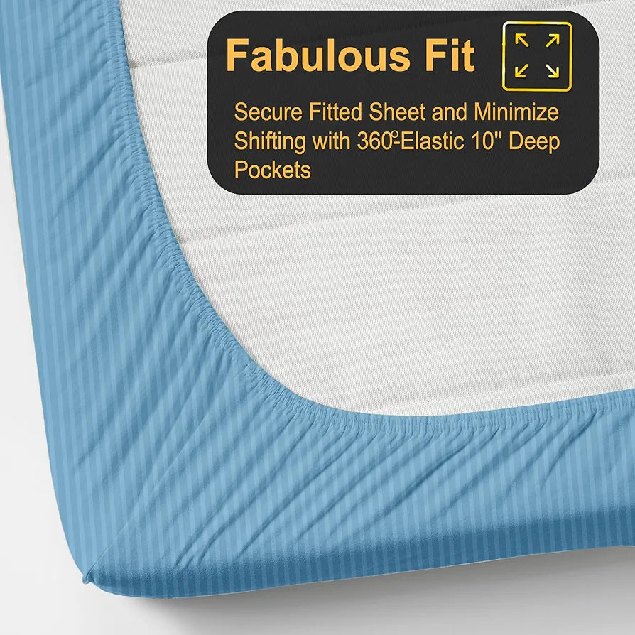 FRESH FROM LOOM Satin Striped Soft Fitted Bedsheet King Size Bed with Two Pillow Cover|Bed Covers for Mattresses Tuck in|Elastic Fitted Bed Sheets |,240 TC,Blue