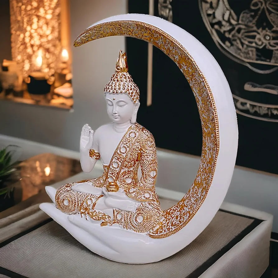 Antique Big Meditating Moon Buddha Statue Showpiece for Home Decor - Living Room - House Warming - Office - Gifting - Buddha Idol Polyresin Decorative Figurine 