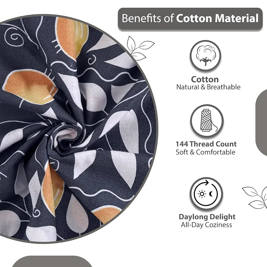 Divine Casa 100% Cotton 144 TC King Size Bedsheet with 2 Pillow Covers | 222 by 270 cm | Navy & Orange | Floral
