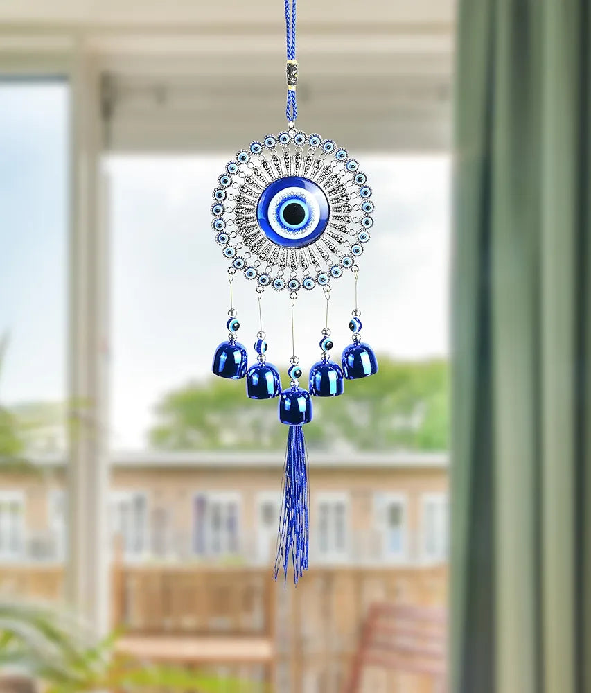 HindCraft 5 Bells Wind Chimes for Positive Energy & Protection | Evil Eye Hanging Decor for Home, Balcony & Office | Wind Charm for Good Luck |Rakhi Gift for Brother/Sister, Living Room & Garden Décor