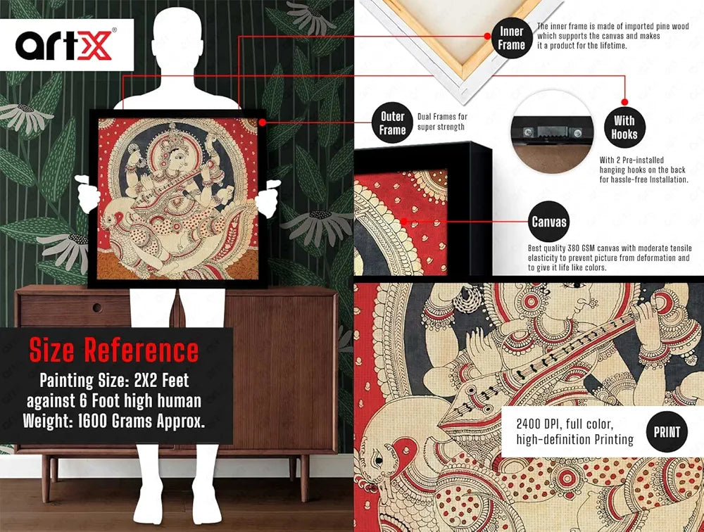 ArtX Saraswati Devi Big Canvas Painting For Living Room, Drawing Room With Frame, Multicolour, Square, 24.0 x 24.0 inch, 2x2 Feet, Set Of 1