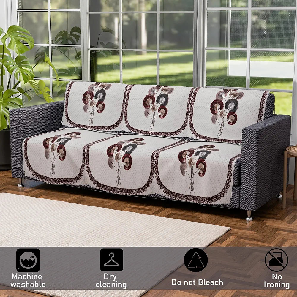 Kuber Industries Set of 10 Velvet Anti-Skid Sofa Cover 5-Seater | Comfortable Slipcover Sofa Cloth & Furniture Protector for Home Decor | Digital Flower-Cream & Brown