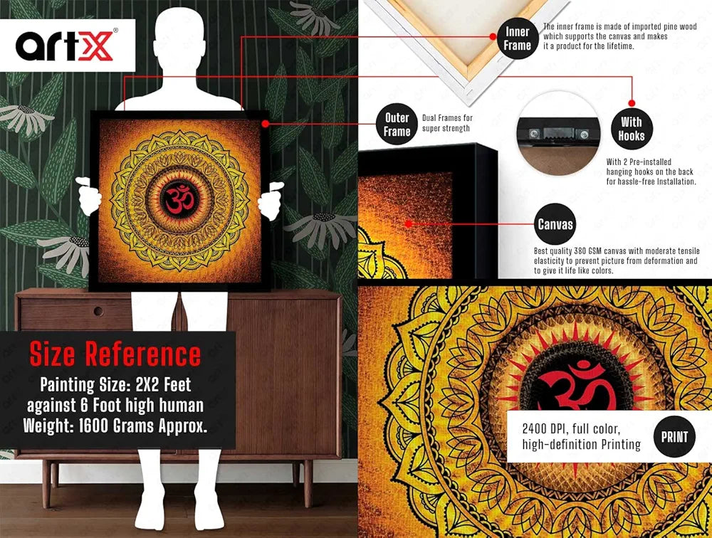 ArtX Oranage OM Mandala Big Canvas Painting For Living Room With Frame, Multicolour, Square, 24.0 x 24.0 inch, 2x2 Feet, Set Of 1