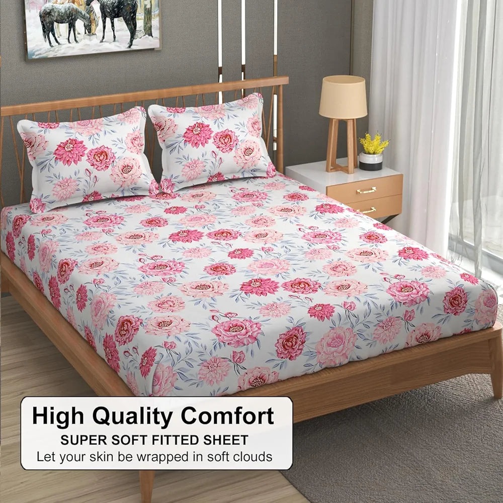 FRESH FROM LOOM Floral Print 240 TC King Size Microfiber Fitted Bedsheet Set - Soft & Anti Fade, 2 Pillow Covers Included  | Rose-Offwhite)