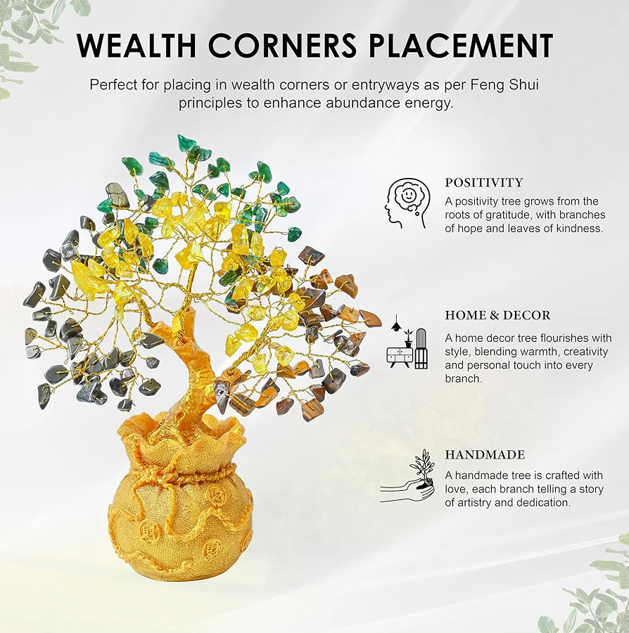 ZAICUS Money Magnet Crystal Tree – Home & Office Decor Feng Shui Tree with Golden Pot – Gemstone Bonsai for Wealth & Success - Healing Crystals Gift for Positivity - 