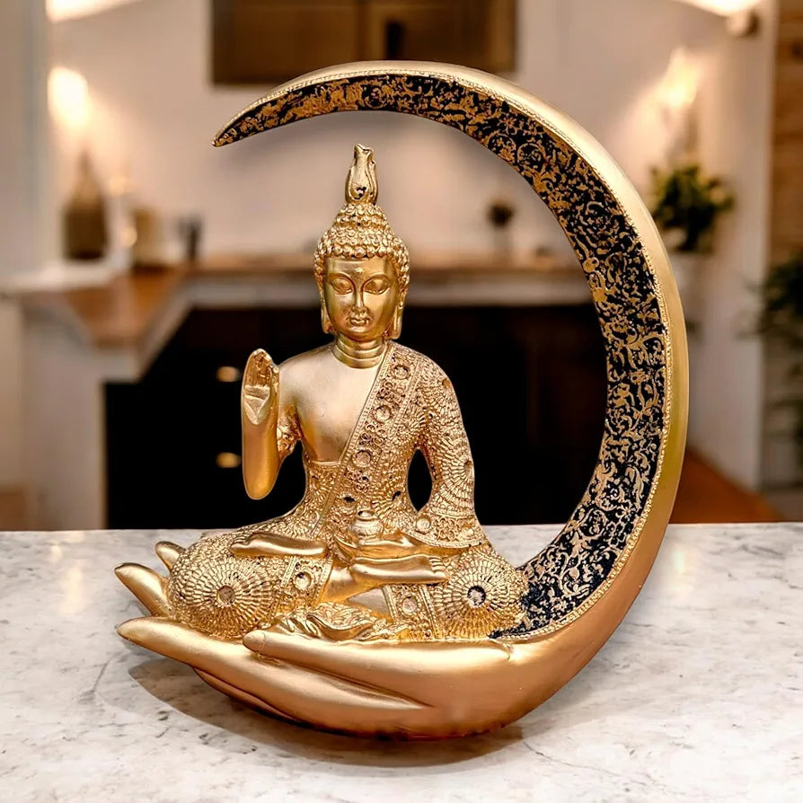 Antique Meditating Moon Buddha Showpiece | Polyresin Idol Statue for Home Decor, Living Room, Office | Housewarming Gift 