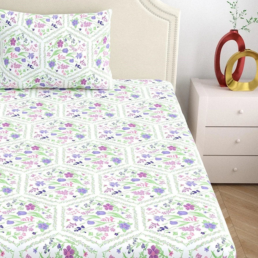 Dreamscape 100% Cotton Single Bedsheet with 1 Pillow Cover - 