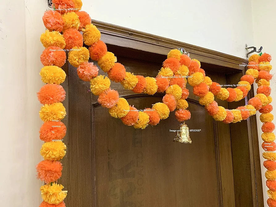 SPHINX ARTIFICIAL MARIGOLD FLUFFY FLOWER GARLANDS DOOR TORAN SET/DOOR HANGINGS - LIGHT & DARK ORANGE