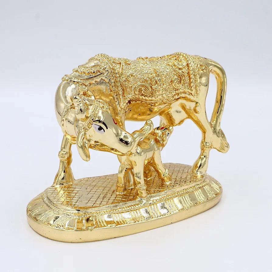 JAIPUR ACE Kamdhenu Cow with Calf Statue, Standard Size, Golden   