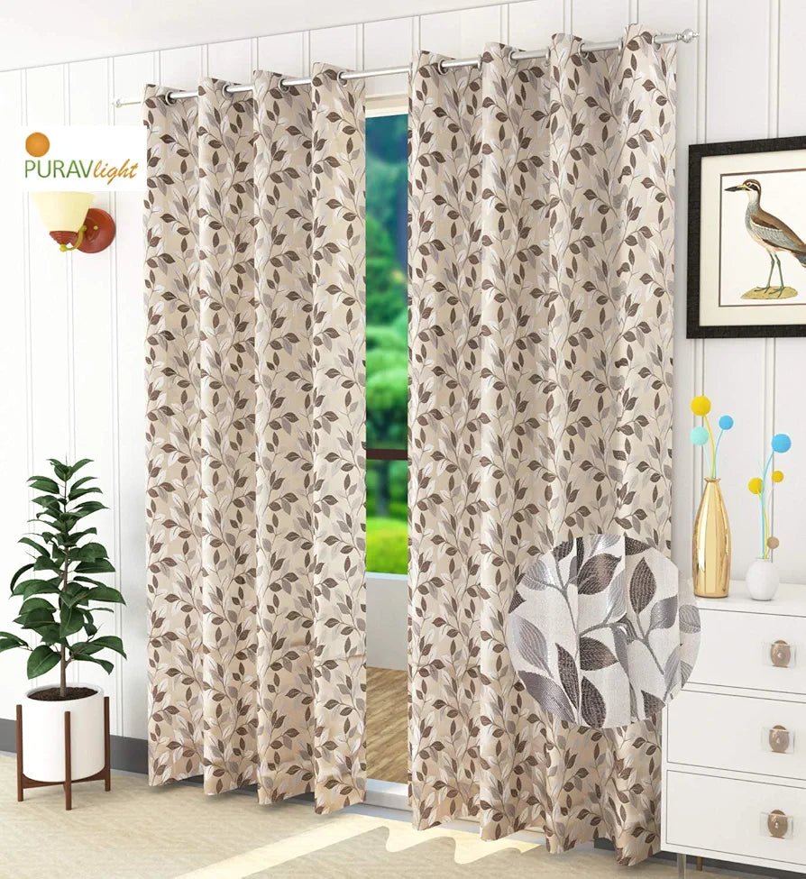 Purav Light Jacquard Long Door Curtain 9 Feet Long Pack of 2 Piece, Room Darkening Floral Design | Curtains for Living Room Bedroom, Rust-Free Eyelet 