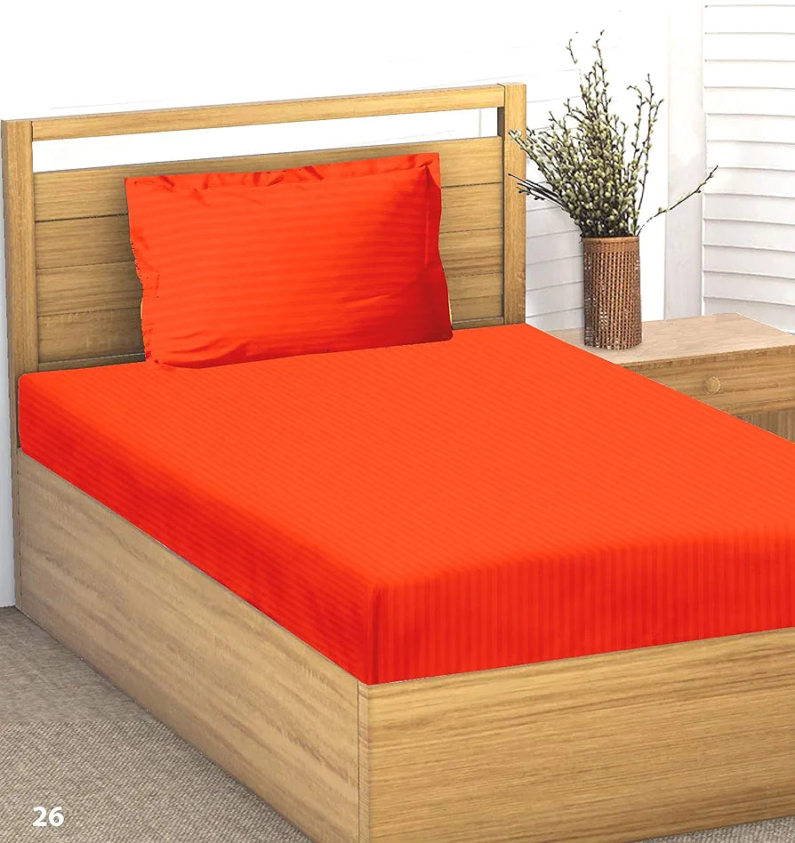 Trance Home Linen 100% Cotton 78x36 inch Single Fitted 200TC Satin Stripe Elastic Fitted Bedsheet | Single Bed Size Daily use Fitted Bedspread with 1 Pillow Covers 