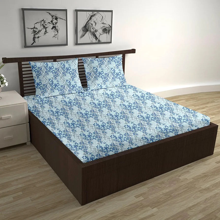 Divine Casa 144 TC Pure Cotton Double Bed Bedsheet with 2 Pillow Covers | Soft Durable for Everyday Use | All-Season Comfort & Elegant Bedroom Decor | Size 222 x 254 CM | Mosaic Bloom | Blue Grey