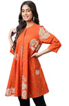 Janasya Women's Orange Cotton Floral Printed Flared Tunic