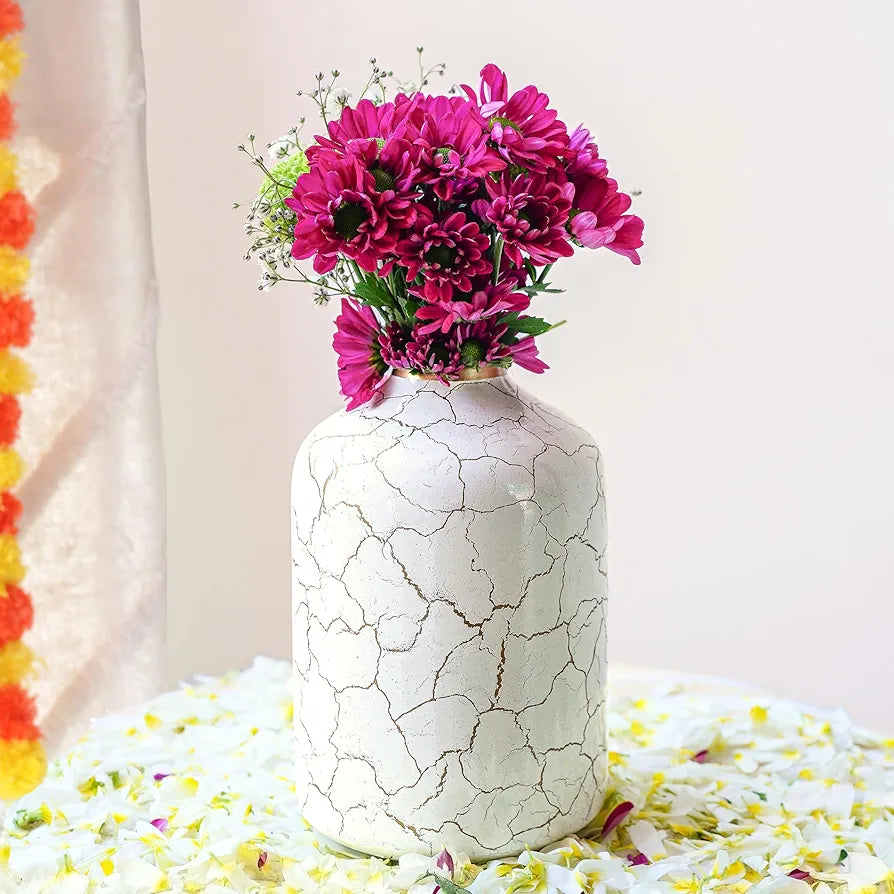 Behoma Metal Flower Vase for Home Decor Bedroom Living Room Office Wedding | Table Decorative Item for Festivals Birthday Off-White Crackled 1Pcs 