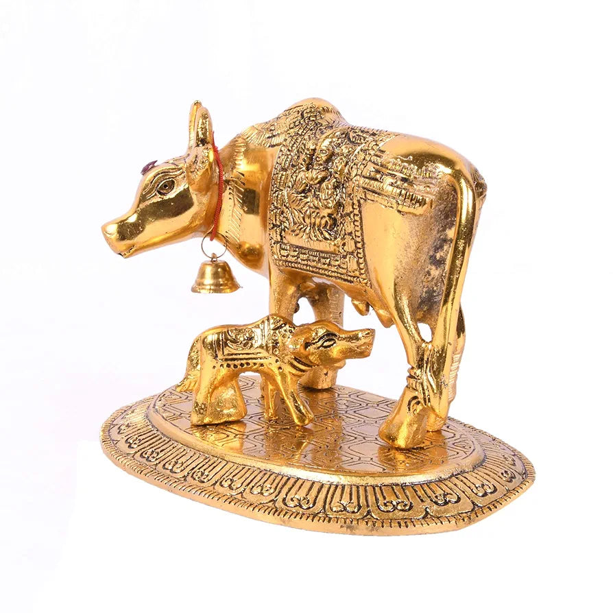 JAIPUR ACE Kamdhenu Cow with Calf Statue, Standard Size, Golden   