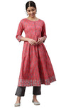 Janasya Women's Coral Cotton Floral Print A-line Kurta